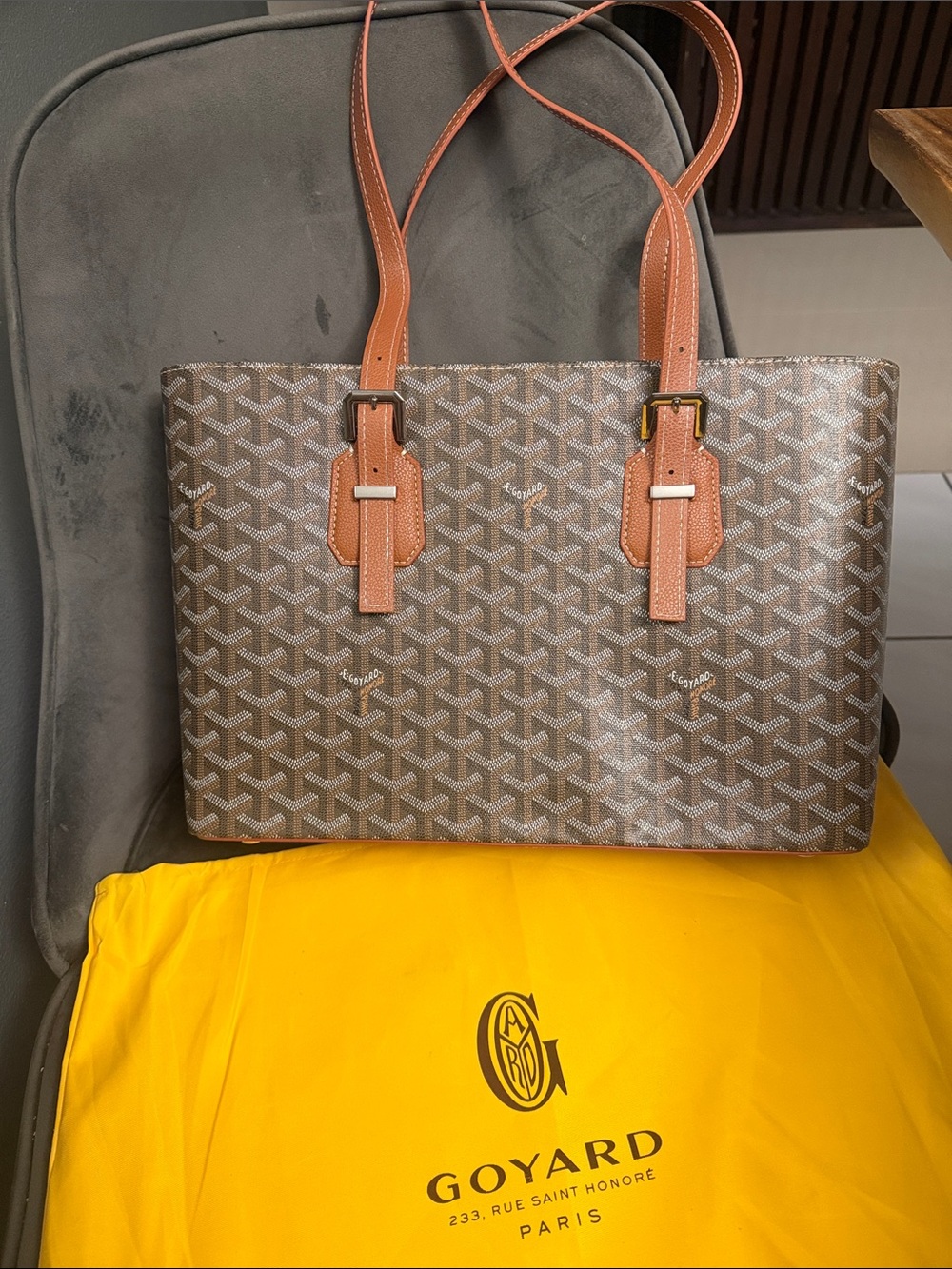 Goyard Brown Patterned Tote with Tan Leather Straps